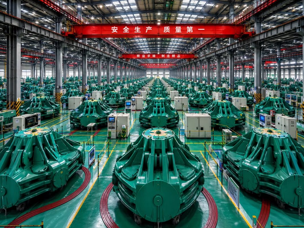 Rows of six-sided top presses in a synthetic diamond production hall, HPHT superhard material equipment