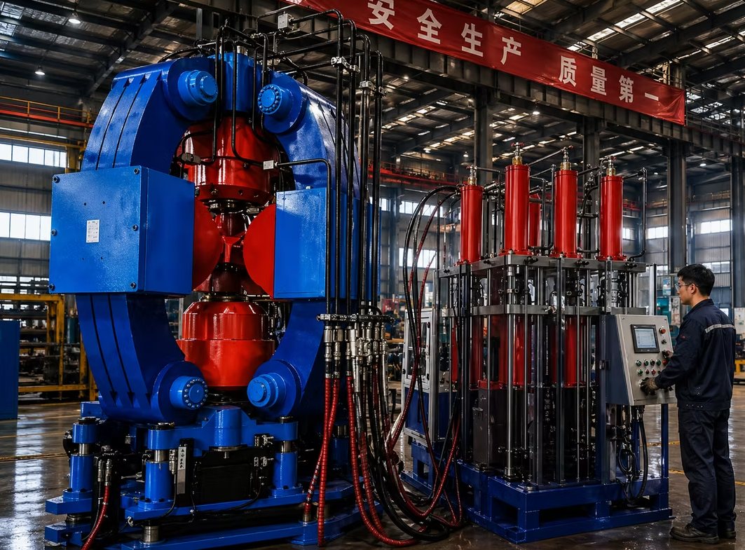 Six-sided top press with intelligent control cabinet and hydraulic power unit in a diamond synthesis workshop